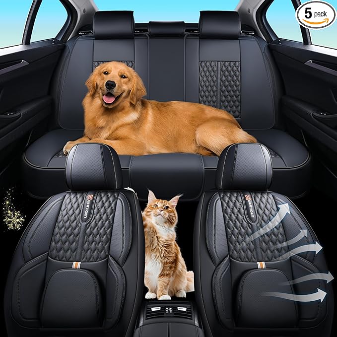 Black Car Seat Cover Complete Set, Universal Car Seat Cover for Car with Lumbar Support, Premium Artificial Leather, Waterproof and Easy to Clean, Airbag Compatible, Suitable for Most Cars