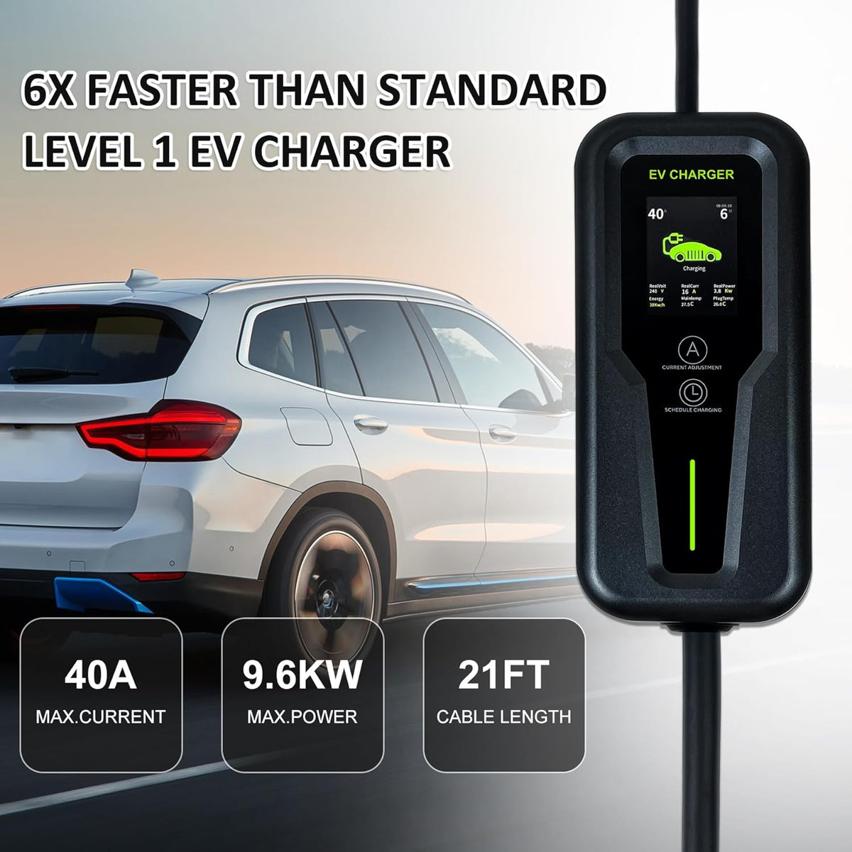 Level 2 EV Charger 40Amp, 240V, NEMA 14-50 J1772 Connector and 25 ft Cable,Portable Electric Vehicle Charging Stations with LCD Screen-1PC