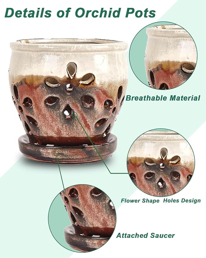 vensovo 5 Inch Ceramic Orchid Pots with Holes and Saucers - 1 Pcs Small Succulent Pot for Repotting, Garden Flowerpots for Plants Indoor and Outdoor Promotes Air Circulation, Brown Mixed