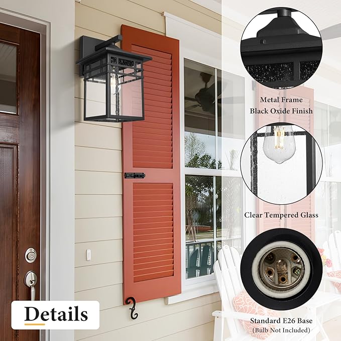 Outdoor Light Fixture Wall Mount, Black Exterior Light Fixture Wall Sconces with Seeded Glass for Front Porch, 9 Inch Large Waterproof Outdoor Square Wall Lantern Outside for House Doorway
