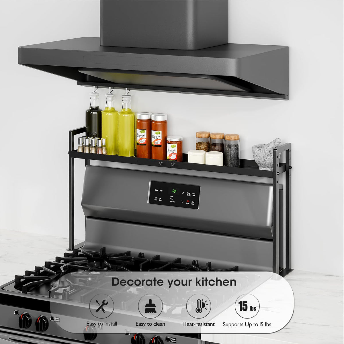 Bumusty Adjustable Stove Top Shelf, 4-Level Spice Rack, Black