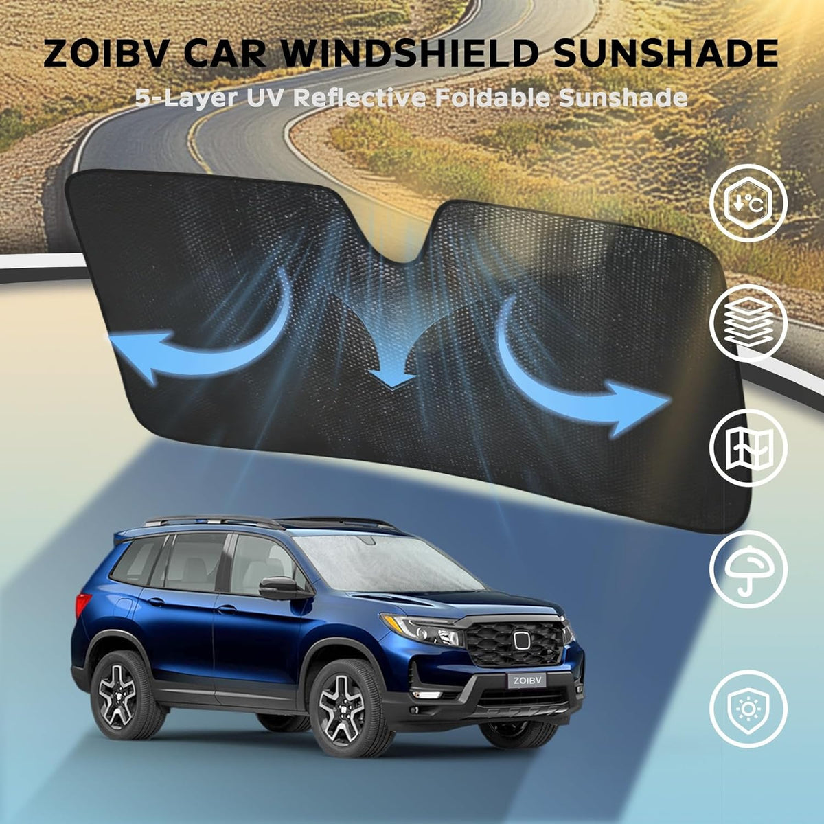 Windshield Sun Shade for 2019-2025 Honda Passport Sport EX-L Touring Elite - 5-Layer Bubble Foldable Front Window Shade Sun Visor Accessories - Blocks Heat & UV Rays