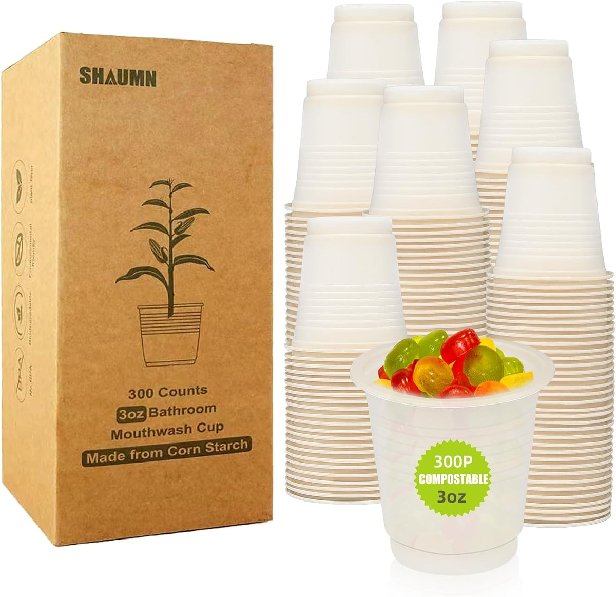 3 oz 300 Pack Compostable Disposable Bathroom Mouthwash Cups, A Great Replacement for Paper Ones,Used for Mini Snack,Hot/Cold Drinking Cup For Party Picnic Office