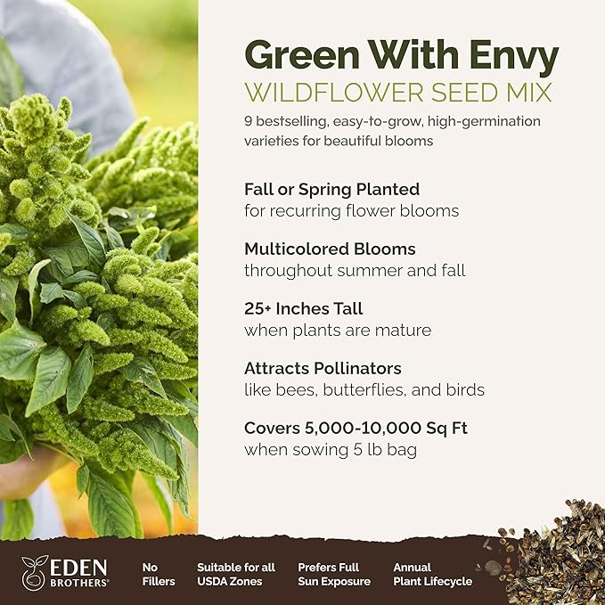 Eden Brothers Green with Envy Flower Mixed Seeds for Planting, 5 lb, 2,400,000+ Seeds with White Yarrow, Cornflower White | Attracts Pollinators, Plant in Spring or Fall, Zones 3, 4, 5, 6, 7, 8, 9, 10