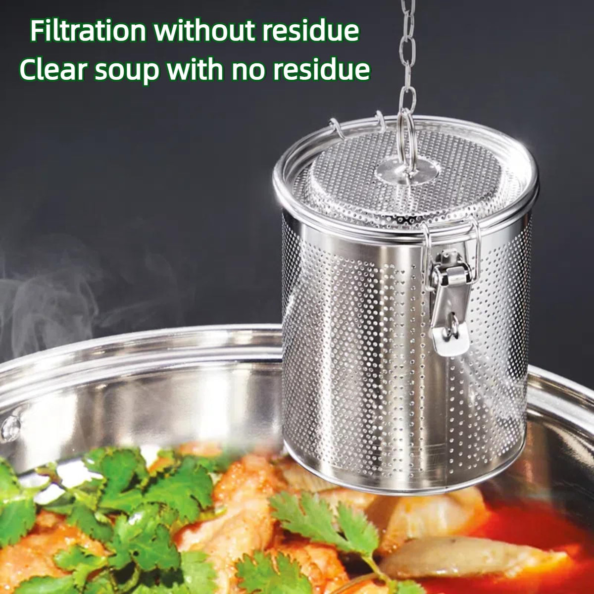 Vexillaris Stainless Steel Spice Infusion Basket, Large Cooking Spice Strainer, Mesh Design Strainer Soup Separator Basket with Chain Hook, Suitable for Home Kitchens (3.2L)