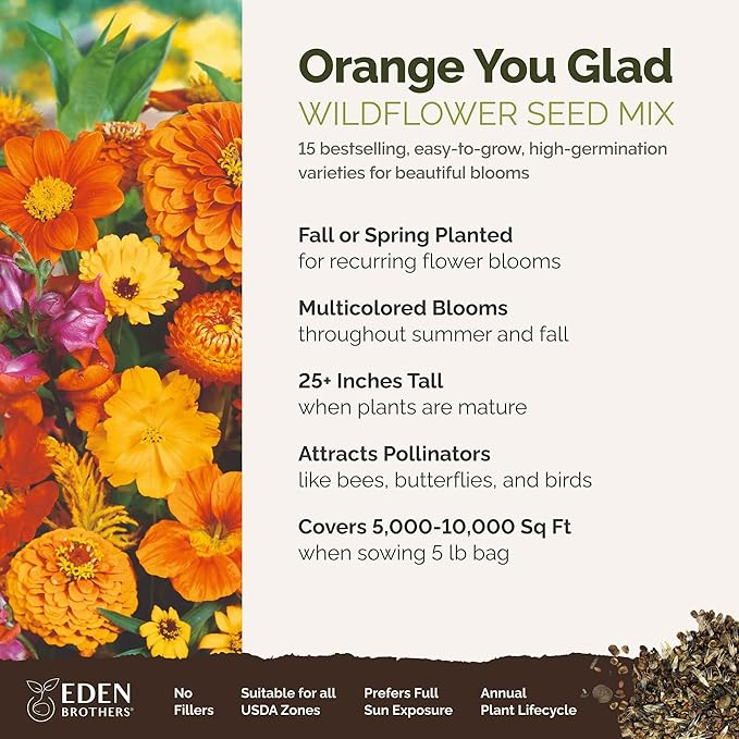 Eden Brothers Orange You Glad Flower Mixed Seeds for Planting, 5 lb, 2,400,000+ Seeds with Dahlia, Double Strawflower | Attracts Pollinators, Plant in Spring or Fall, Zones 3, 4, 5, 6, 7, 8, 9, 10