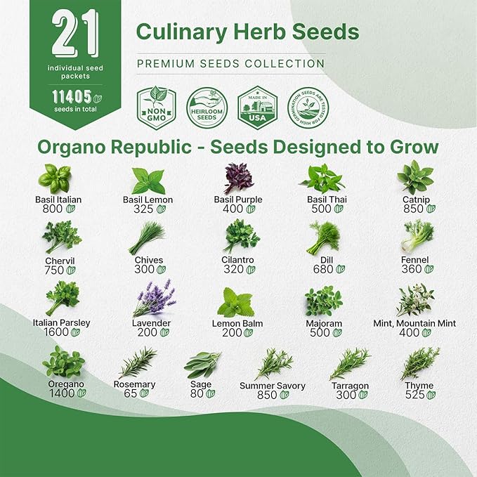 21 Culinary Herb Seeds Variety Pack - Heirloom, Non-GMO, Herb Seeds for Planting Outdoor and Indoor - Home Gardening. Over 11,400+ Seeds Including Rosemary, Thyme, Oregano, Mint, Basil, Parsley & More