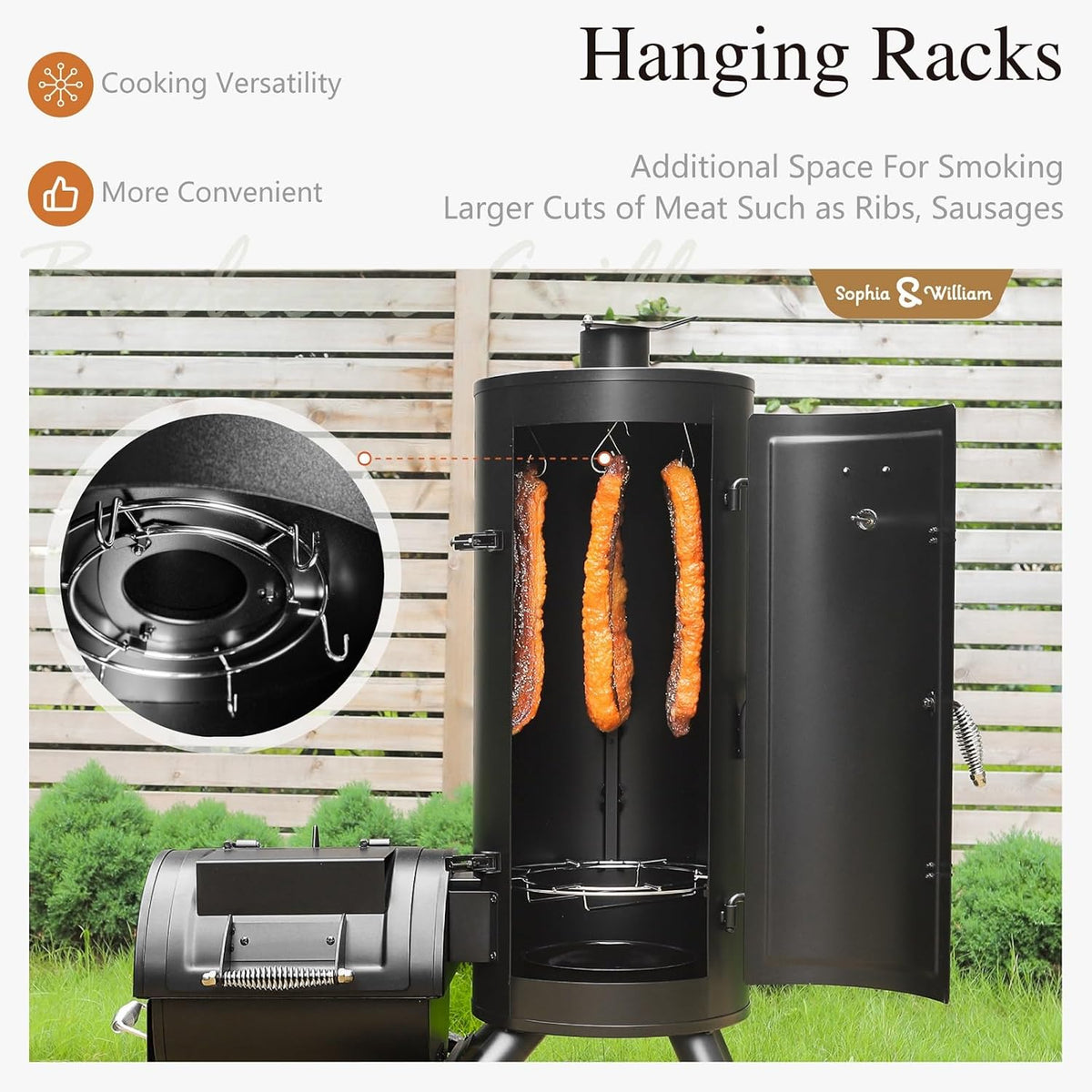 Sophia & William Heavy-Duty Vertical Offset Charcoal Smoker Extra Large Outdoor BBQ Gill with Offset Smoker, 961 SQ.IN. Cooking Area with Warming Tray,Push-out Ash Tray for Event Gathering, Black