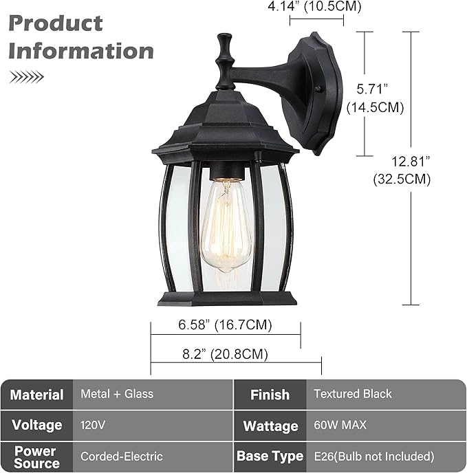 Pia Ricco Outdoor Wall Lights, Textured Black Exterior Light Fixtures with Clear Glass Shade, Waterproof Front Porch Lighting, Modern Sconces Lantern for Outside, House, Garage, E26 Socket, ETL Listed