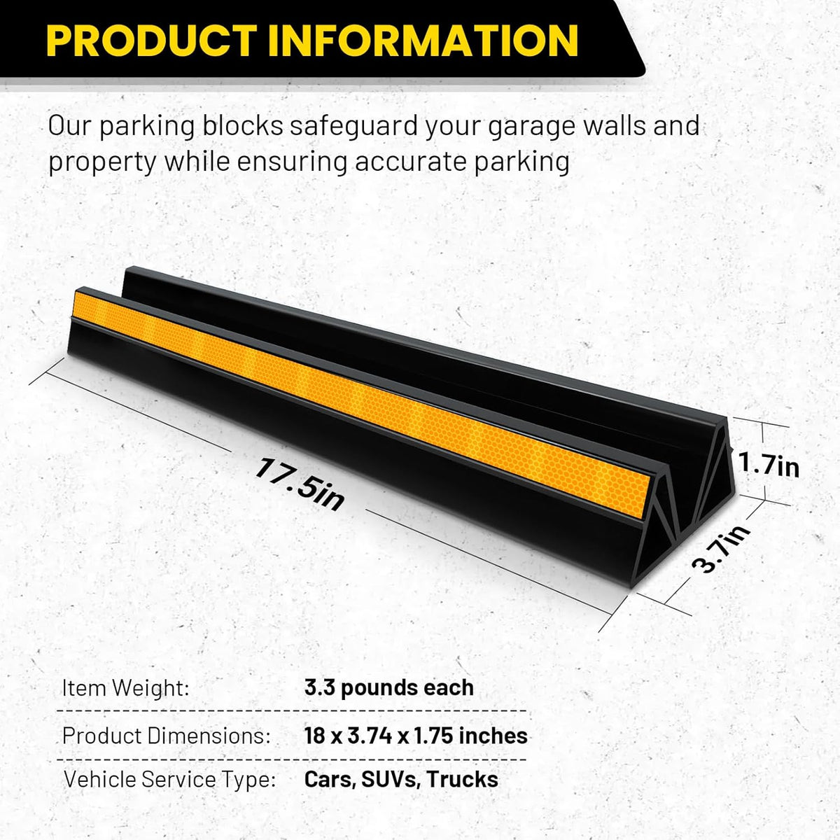 2 Pcs 18'' Parking Car Wheel Stopper for Garage with 2 Installation Methods, Heavy Duty Tire Stops with Reflective Tapes, Car Parking Aids for Garage, Easy to Install