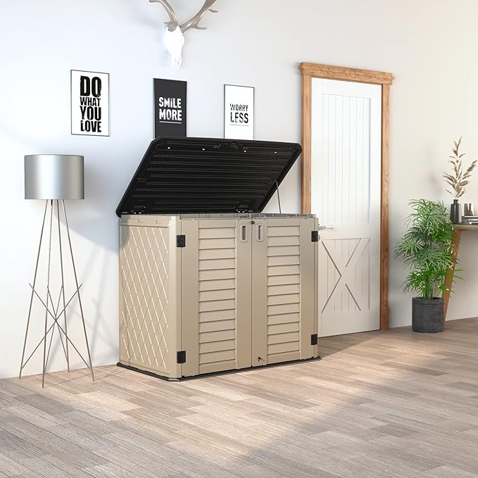 HOMSPARK Storage Shed Weather Resistance, Multi-Purpose Outdoor Storage Cabinet for Backyards and Patios, Horizontal Storage Shed for Lawnmower, Patio Accessories (Coffee, Large - 26 cu.ft)