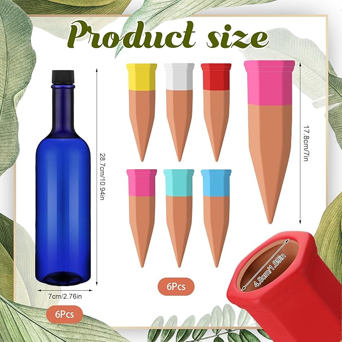 6 Sets Plant Watering Devices Include Terracotta Self Watering Spikes and 26 oz Plastic Bottles, Slow Release Vacation Insert Automatic Plant Waterer Device (Blue and Mixed Color)