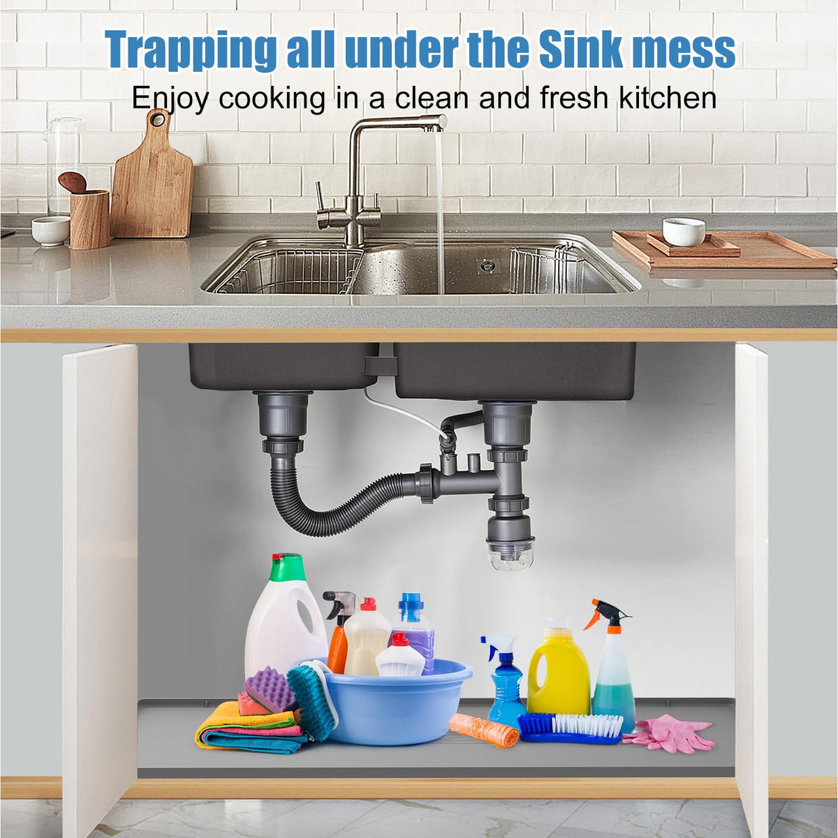 Under Sink Mat for Kitchen Waterproof, 34" x 22" Silicone Under Sink Liner Kitchen & Bathroom Cabinet Protector Mats, Heavy Duty Flexible Under Sink Drip Tray with Lip, Cool Grey