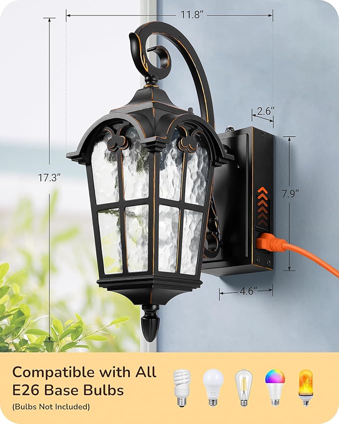 EDISHINE Dusk to Dawn Outdoor Wall Lights, Porch Light Fixture with GFCI Outlet, Exterior Wall Lantern with E26 Socket, Waterproof Outside Wall Sconce Wall Mount Lamp for Front Door, Patio, Garage
