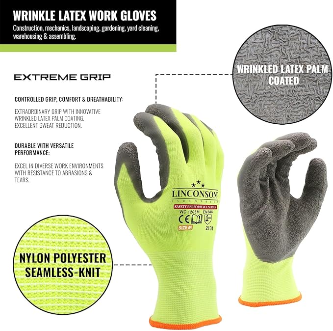 linconson 12 Pack Safety Performance Series Construction Mechanics Wrinkle Latex Work Gloves