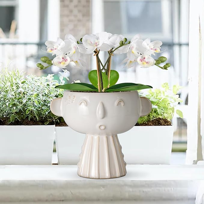 Face Planter Pot 7 Inch - Cute Ceramic Flower Head Planter for Indoor Outdoor Succulent Pot with Drainage Hole Flower Pot Present for Mother Christmas White