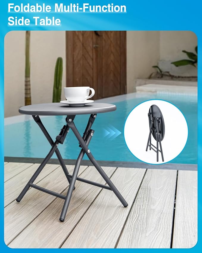 Aluminum Chaise Lounge Chair Outdoor, Foldable Patio Lounge Chair 2 Sets with Table Assemble-Free, Pool Lounge Chairs with 5 Adjustable Backrest, Outdoor Lounge Chairs for Outside Poolside Brown