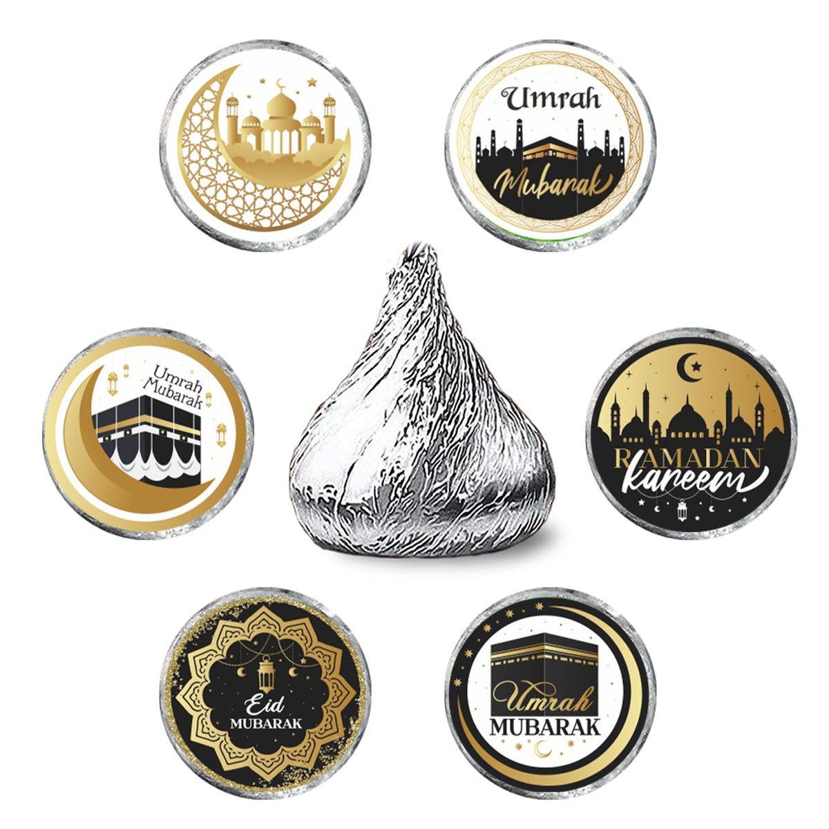 Eid Mubarak Kiss Sticker Labels - Ramadan Kareem Party Round Candy Sticker Favors - Muslim Eid Party Labels Fit Chocolate Candy (Set of 150)
