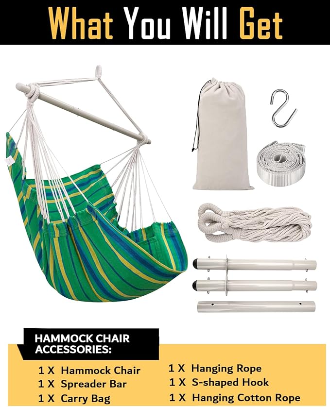 ADVOKAIR Hammock Chair Swing (500 lbs Max) - Hanging Hammock Chair Rope Swing Indoor for Bedroom, Outdoor, Patio, Bedroom, Porch, Deck - Sturdy Steel Bar with Anti-Slip Safety Rings