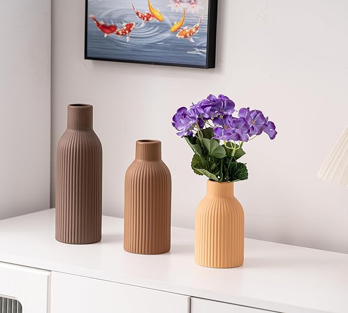 Ceramic Vase Set of 3, Flower Vases for Spring Room Decor, Kitchen Farmhouse, Modern Boho Style(Brown/Dark Brown/Orange)