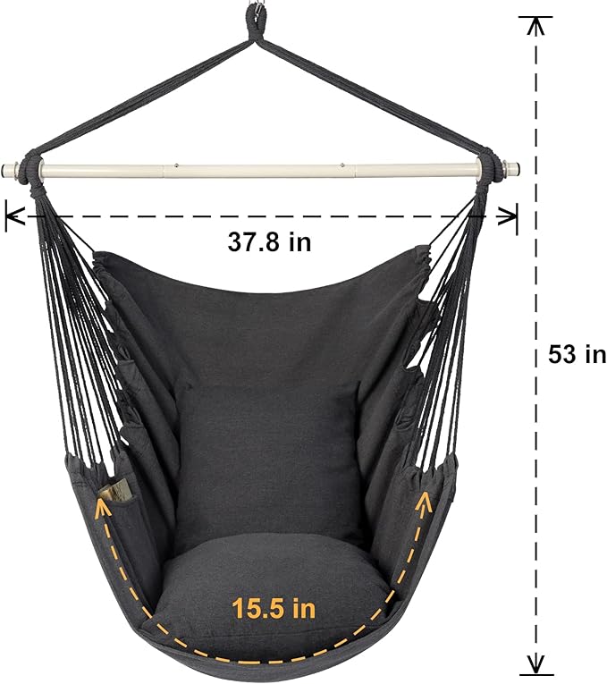 Y- Stop Hammock Chair Hanging Rope Swing Chair, Max 500 Lbs, 2 Seat Cushions Included, Removable Steel Spreader Bar with Anti-Slip Rings, Hardware kit-for Indoor or Outdoor(Dark Grey)
