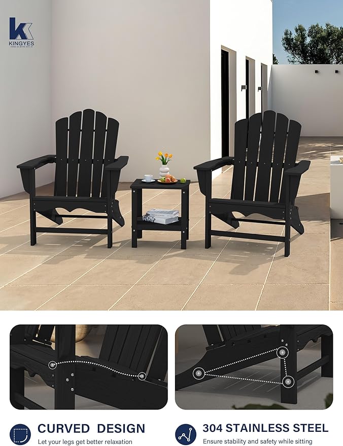 KINGYES HDPE Adirondack Chair, Classic All-Weather Adirondack Chair Set of 8, Black