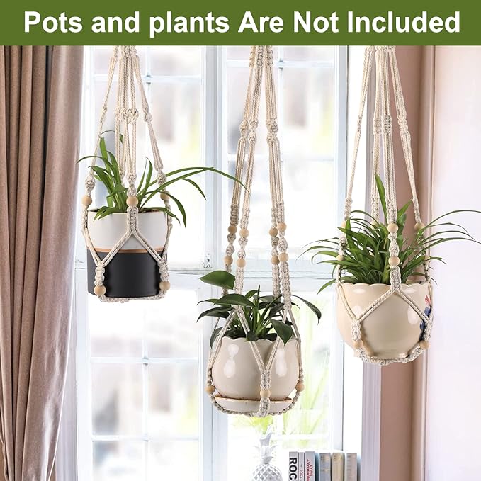 3-Pack Macrame Plant Hanger Indoor - Hanging Planter Basket for Indoor Outdoor - Decorative Boho Plant Holders Set with Beads - Ceiling Flower Pot Holder with 6 Hooks - 35"/30"/24" White