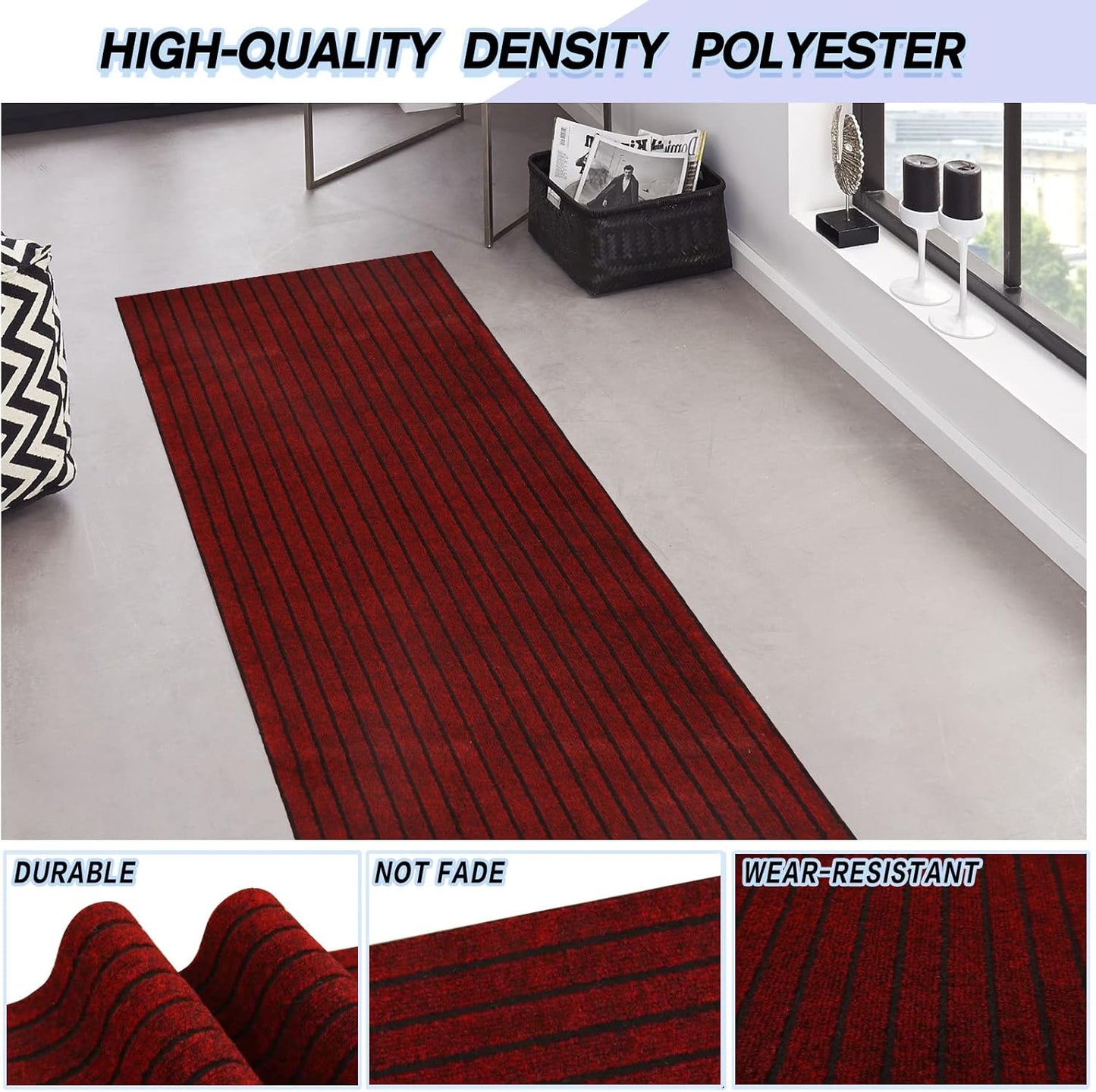 Custom Size Backed Non-Slip Area Rugs Runner, Easy Clean, Waterproof Runner Rugs for Hallway Entryway, Kitchen, Laundry, 2FT x 55FT, Red Stripe