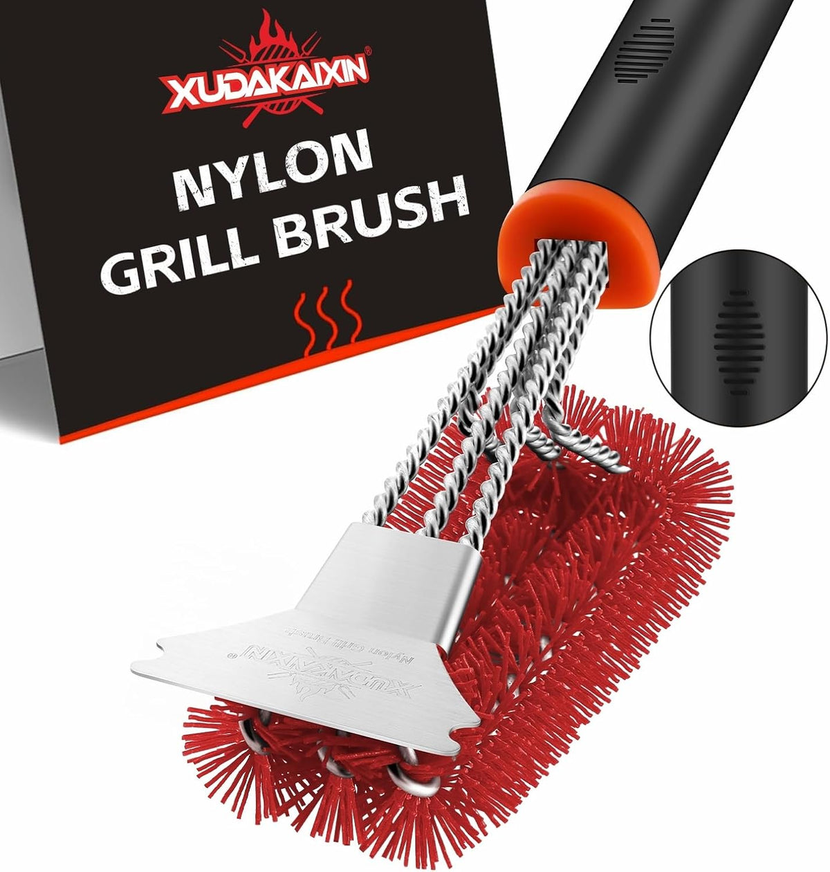 Grill Brush and Scraper, Safe Nylon Bristles Barbecue Triple Scrubbers Cleaning Brush for Cast Iron Grates/Porcelain/Weber Gas/Charcoal Grill，Extra Strong BBQ Cleaner Accessories (Red)