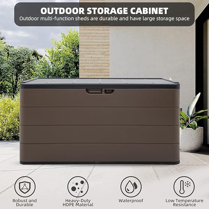 Premium Pro Edition 100 Gallon Lockable Resin Deck Box, Waterproof & UV-Resistant Outdoor Storage Box for Outdoor Cushion Storage, Garden Tools & Pool Accessories Storage, Brown