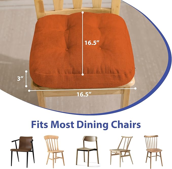Chair Cushions for Dining Chairs, Dining Chair Cushions, Tufted Indoor Chair Pads with Ties & Non Slip Backing, Seat Cushions for Kitchen Chairs 16.5” x 16.5” x 3.5”, Set of 4, Orange
