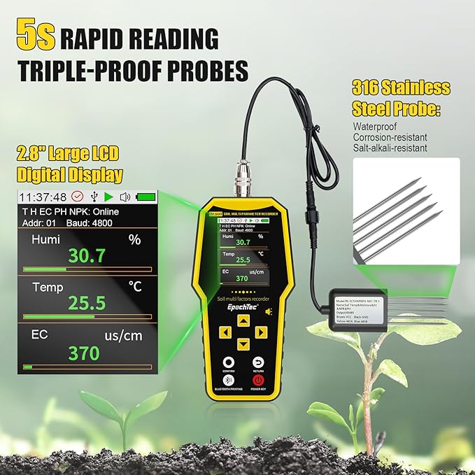 7 in 1 Soil Tester, ±1% High Precision Digital NPK Tester/Soil Moisture Meter/PH Tester/Temperature/EC Monitor for Agriculture, Plant Cultivation, Geological Survey with Data Storage & Export