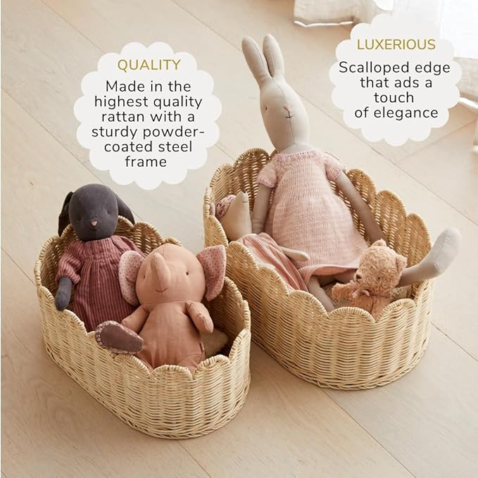 BEBE BASK Premium Scalloped Basket Set Of 2 - Scallop Basket - 16 x 10 x 7 Inch - Hand-Woven Elegant Wicker With Scalloped Edge - Nursery Storage (Natural)