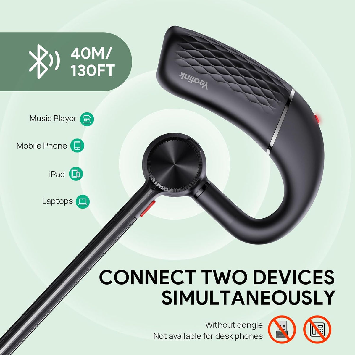 Yealink BH71 Lite Bluetooth Headset,Wireless Earpiece with 4 Noise Cancelling Microphone,10H Talk Time,Adjustable Ear Hook,Bluetooth Earphones for Cell Phone,Driving,Office Work