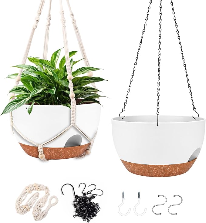 Hanging Planters for Outdoor Indoor Plants, 2 Pack 12 Inch Hanging Basket Plants Outdoor, Self Watering Hanging Planter with Plant Hanger for Garden Home Decoration (2 Type Plant Hangers White)
