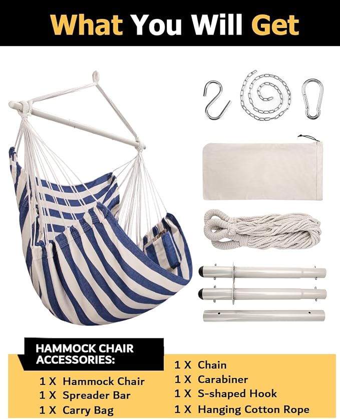 ADVOKAIR Hammock Chair Hanging Chair Rope Swing XXL - Max 500lbs, 70in Large Hammock Swing Chair -Portable Steel Spreader Bar with Anti-Slip Rings-Roomy & Strong
