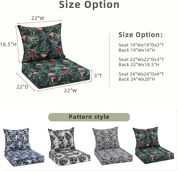 Favoyard Outdoor Seat Cushion 24 x 24 x 4 in Waterproof Pattern Fade Resistant Cover Removable Patio Furniture Cushions Deep Seat & Back Cushion Set with Adjustable Straps for Patio Chair Sofa Couch