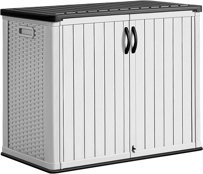 Greesum Outdoor Horizontal Storage Sheds 27 Cu.ft Resin Large Storaged Box Weather Resistance, Without Shelf, Easy to Assemble, Prefect for Garden, Patios, Backyards, White