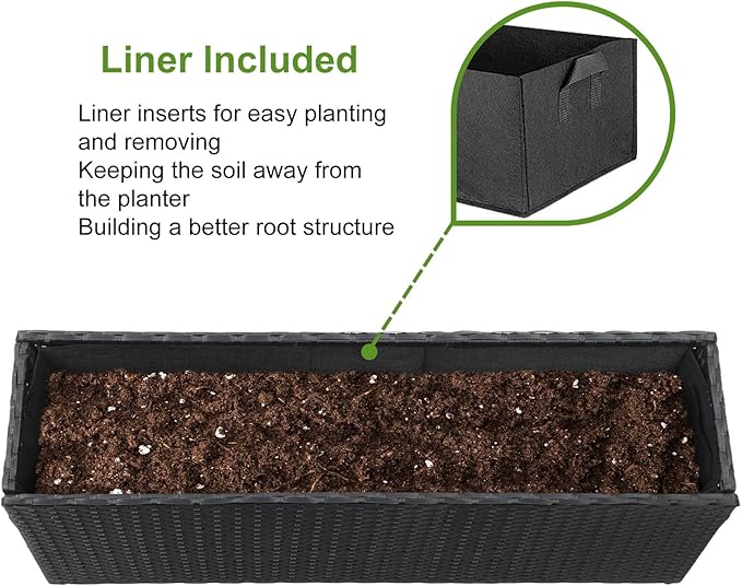 LEWIS&WAYNE Large Rectangular Block Planter Box Handmade Wicker Tall Planters for Outdoor Plants with Removable Liners Modern Planter for Indoor Outdoor Patio Deck - Black, 36''x12''x16''