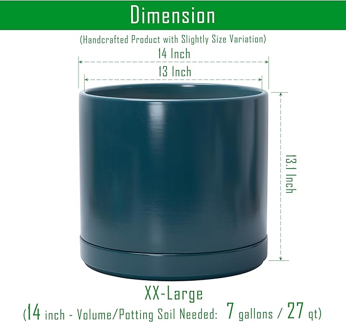 D'vine Dev 14 Inch Ceramic Planter Pot with Drainage Hole and Saucer, Indoor Cylinder Round Planter Pot, Teal, 94-O-G-9