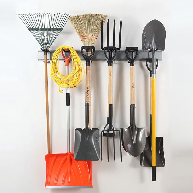Wall Mount Tool Storage Rack, Heavy Duty Garage Organizer, Garden Hooks and Hangers, Hold Up to 350lbs Grey AK806