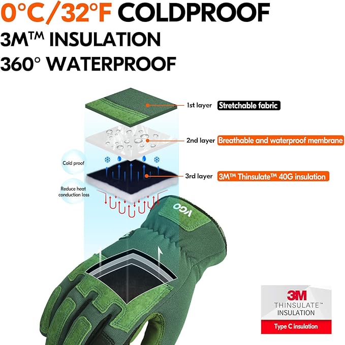 Vgo... Winter Gardening Gloves Women,Safety Work Gloves, Puncture-proof,Thornproof,Touchscreen(1 Pair,M,Green,SL7471FLWP)