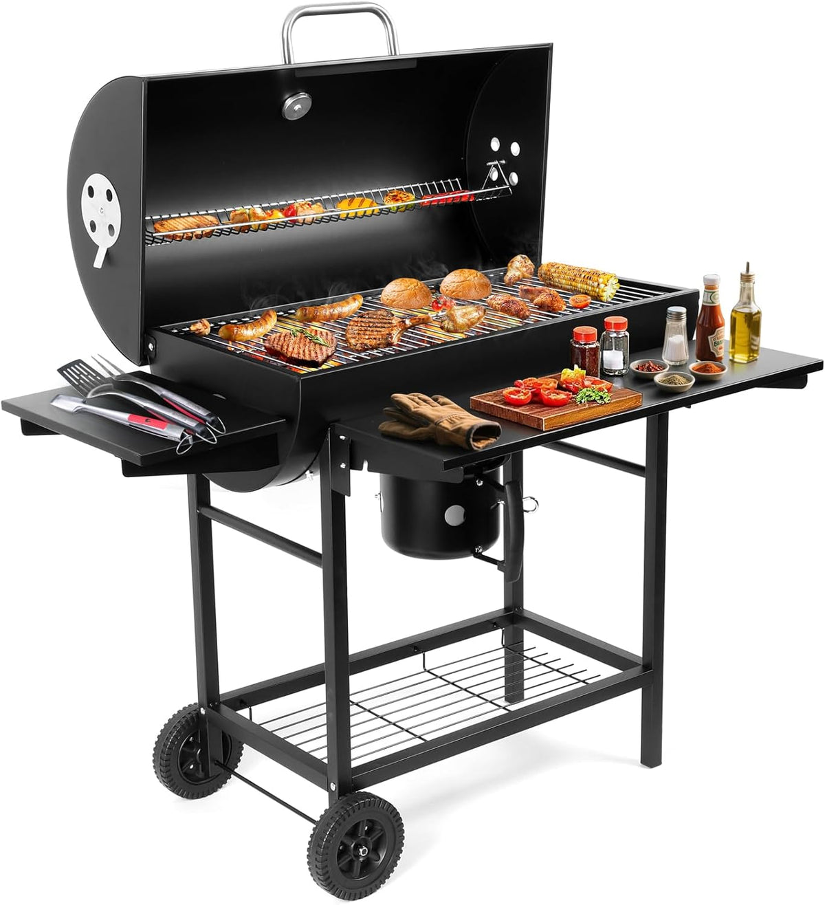 Charcoal BBQ Grills Outdoor: Spacious Barrel Barbecue Grill with Side Front Table - Premium BBQ Smoker Combo for Backyard Cooking Patio Grilling Tailgating Party Camping Picnic
