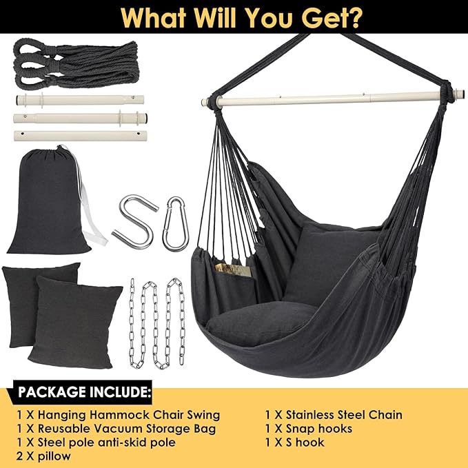 Y- Stop Hammock Chair Hanging Rope Swing Chair, Max 500 Lbs, 2 Seat Cushions Included, Removable Steel Spreader Bar with Anti-Slip Rings, Hardware kit-for Indoor or Outdoor(Dark Grey)