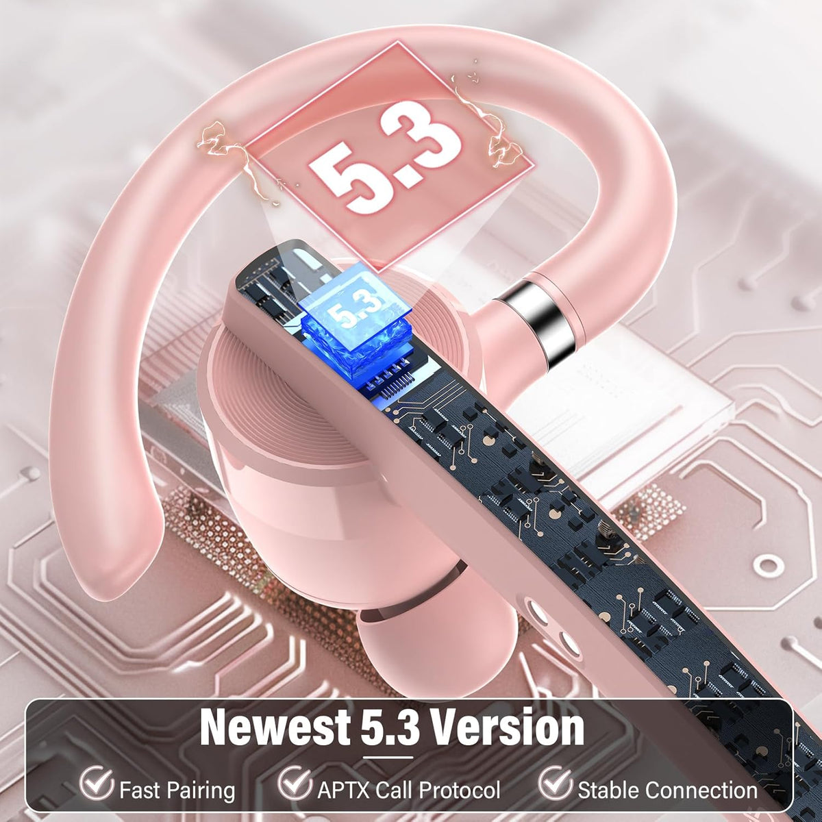 Bluetooth Headset, Wireless Bluetooth 5.3 Earpiece, 90Hrs Hands Free Headset with APTX HD Audio & Mute Button, Dual Noise Cancelling Mics, Single-Ear Headphone for Trucker/Business/Gym/Pink