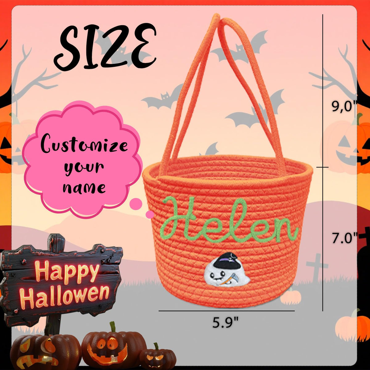 Personalized Halloween Basket Trick or Treat Bag Customized Name Custom Halloween Candy Buckets Gift for Boys Girls,Purple