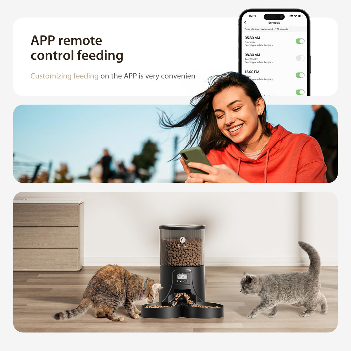 PETULTRA Automatic Cat Feeder for 2 Cats: 2.4Ghz WiFi Smart APP Remote Control- Timer Food Dispenser 1-10 Meals Per Day- Auto Pet Feeder for Cats and Small Dog Indoor- Detachable Clean& Dual Power