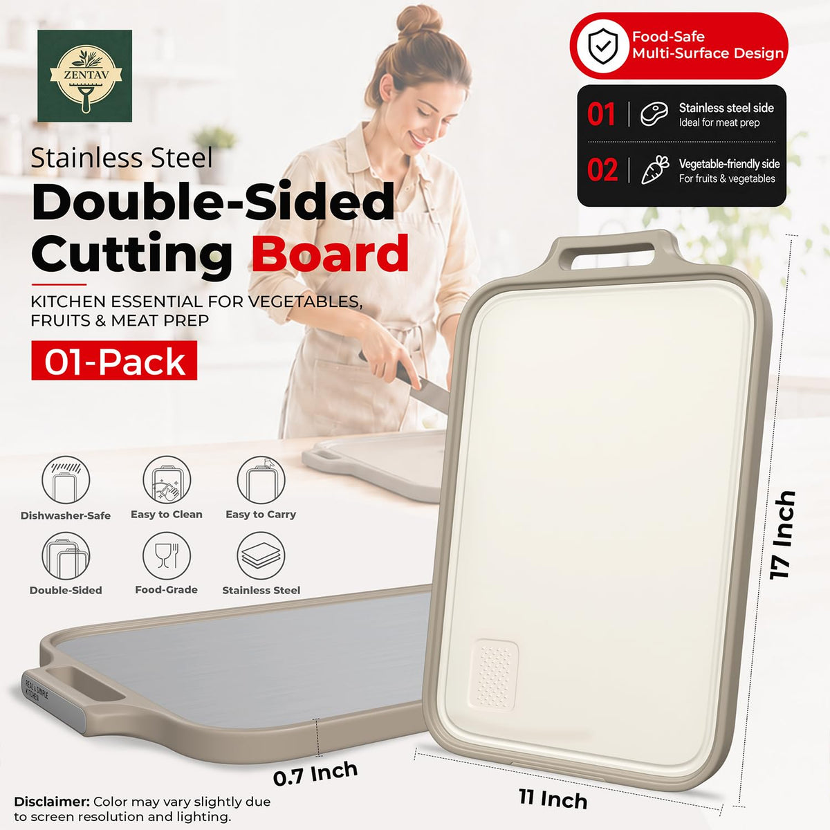 ZENTAV Single Stainless Steel Cutting Board Food Prep - 17" x 11" Double Sided Metal Cutting Board with Wheat Straw Side, Non-Slip Base, Built-in Shredder, Juice Groove & Stand
