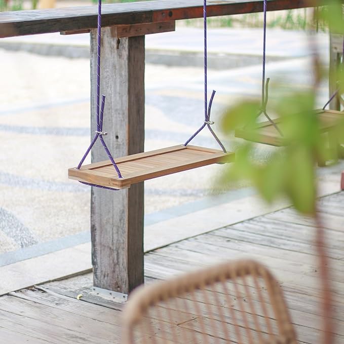 Teak Wooden Swing, Outdoor Wood Tree Swing Seat for Kids or Adults for Backyard Columpio, Height Adjustable (23.8x9inch)
