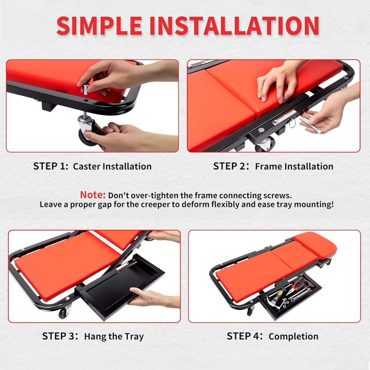 Mechanic Creeper 40 inches 2-in-1 Mode Z Seat with Tool Tray, 480lbs Capacity, Foldable Garage Adjustable Rolling with 6pcs Roller, Lay Down Sit Lean Back, Under Car Auto Repair Men Gift, Red